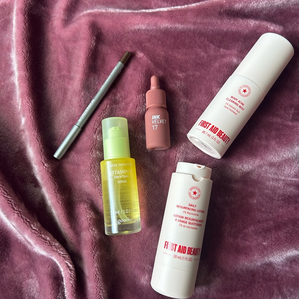First Aid Beauty Skincare Collection with A Vitamin Serum Ink Velvet tint